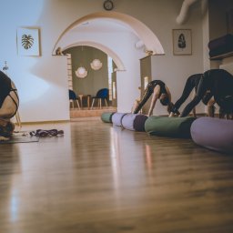 Bakasana Julia Jakubowicz - Grupa osób ćwiczy jogę w studio z drewnianą podłogą, używając wałków i pasków do jogi. W tle widoczne łuki architektoniczne i dekoracje ścienne.