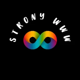 Kolorowe logo z symbolem nieskończoności i napisem 'STRONY WWW' na czarnym tle.