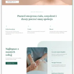 Zrzut ekranu strony internetowej spa z motywem relaksacyjnym i sekcją masażu prezentującą dłonie terapeuty na plecach klienta.