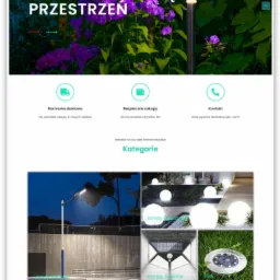 Zrzut ekranu strony internetowej sklepu z oświetleniem solarnym, prezentujący lampy ogrodowe i inne produkty, z widocznym menu i kategoriami.