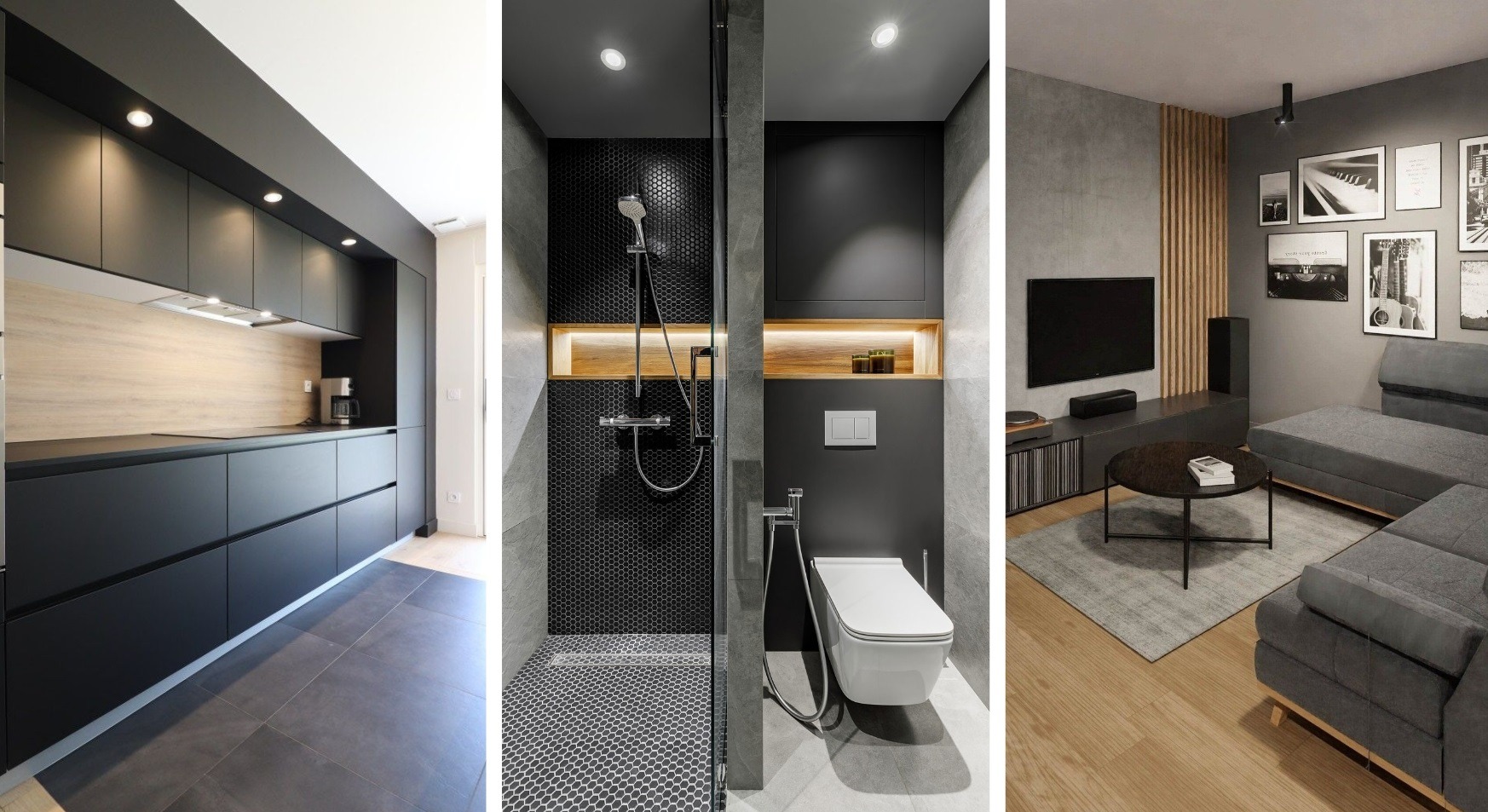 Fotografia przedstawia trzy różne pomieszczenia w mieszkaniu: kuchnię z czarnymi szafkami i drewnianym panelem, łazienkę z czarnymi heksagonalnymi płytkami pod prysznicem i szarą armaturą,...
