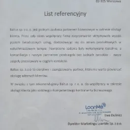 Skan listu referencyjnego dla Baltus sp. z o.o. od LoanMe Sp. z o.o. z datą 02.08.2021, potwierdzający wysoki poziom świadczonych usług i rekomendację współpracy w zakresie obsługi klienta.