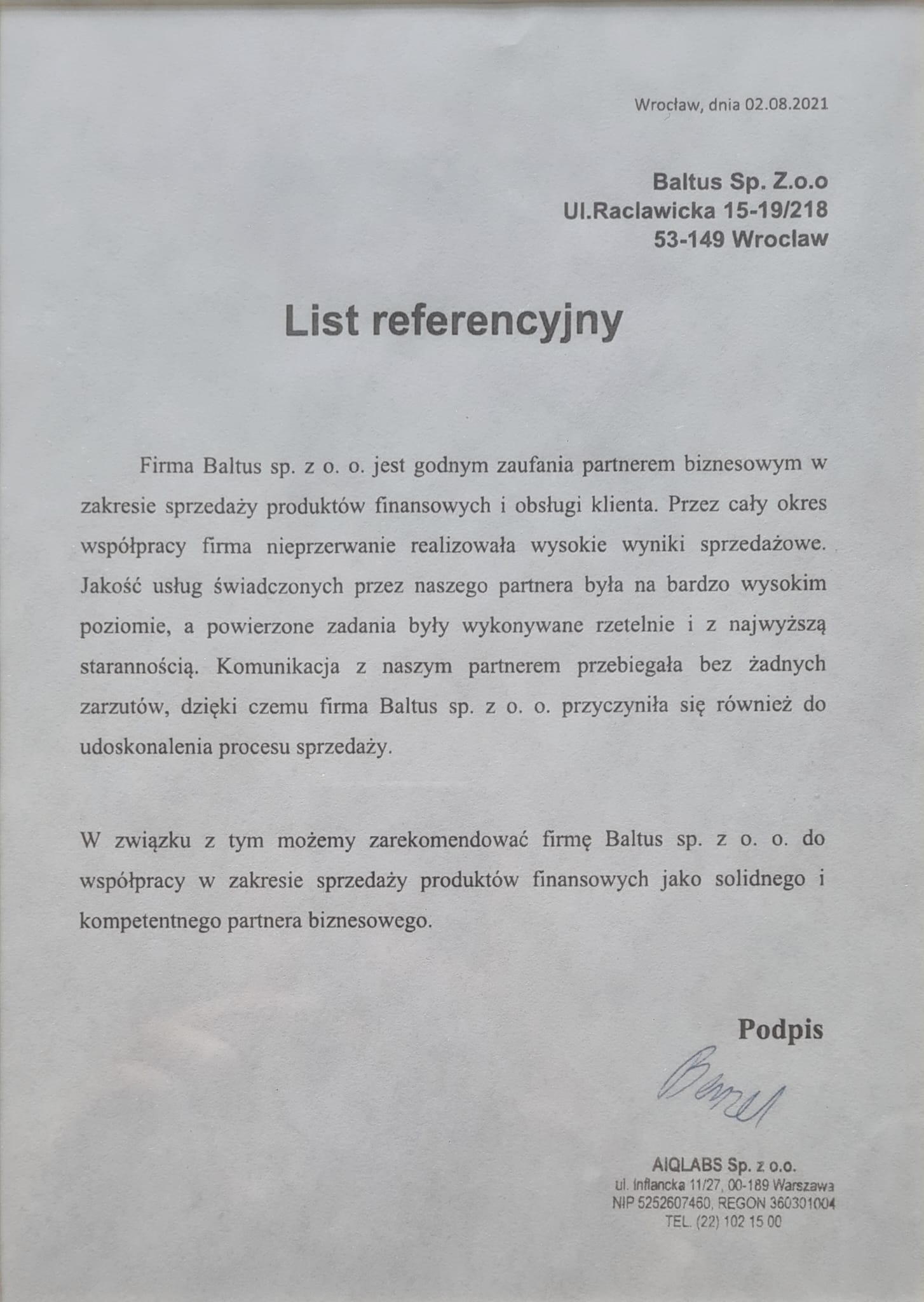 Skan dokumentu referencyjnego dla firmy Baltus Sp. z o.o. wystawionego przez AIQLABS Sp. z o.o. z datą 02.08.2021, zawierający pozytywną opinię o współpracy w zakresie sprzedaży produktów finansowych.