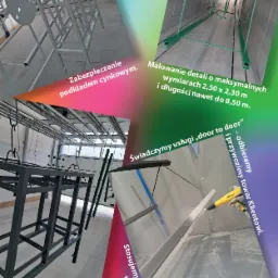 Kolaż zdjęć prezentujący etapy zabezpieczania i malowania metalowych konstrukcji, w tym przygotowanie podkładem cynkowym, malowanie w komorze i gotowe elementy zawieszone na hakach.