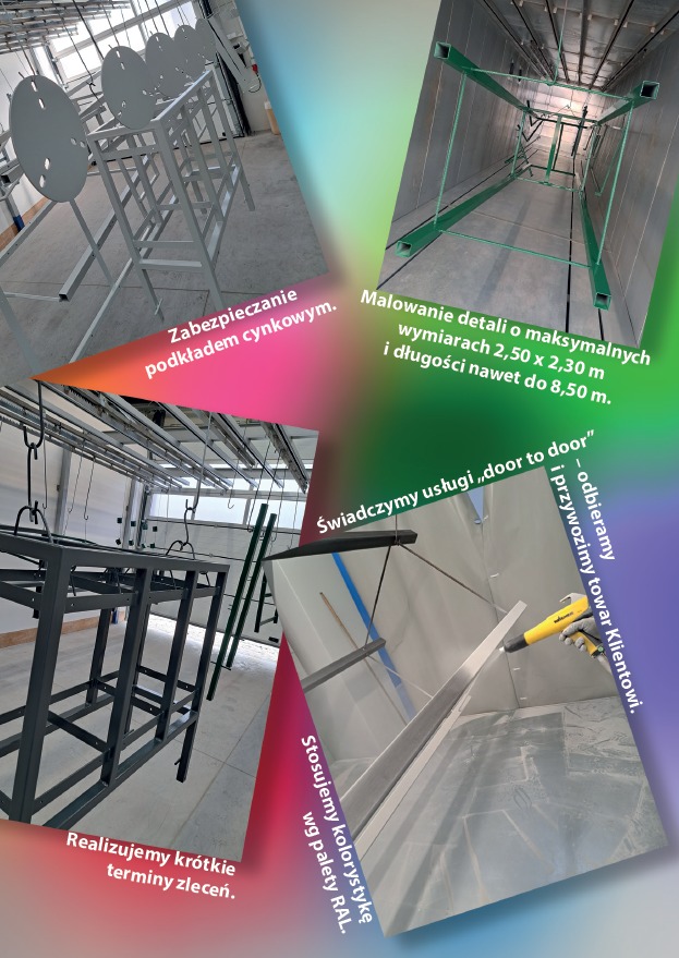 Kolaż zdjęć prezentujący etapy zabezpieczania i malowania metalowych konstrukcji, w tym przygotowanie podkładem cynkowym, malowanie w komorze i gotowe elementy zawieszone na hakach.