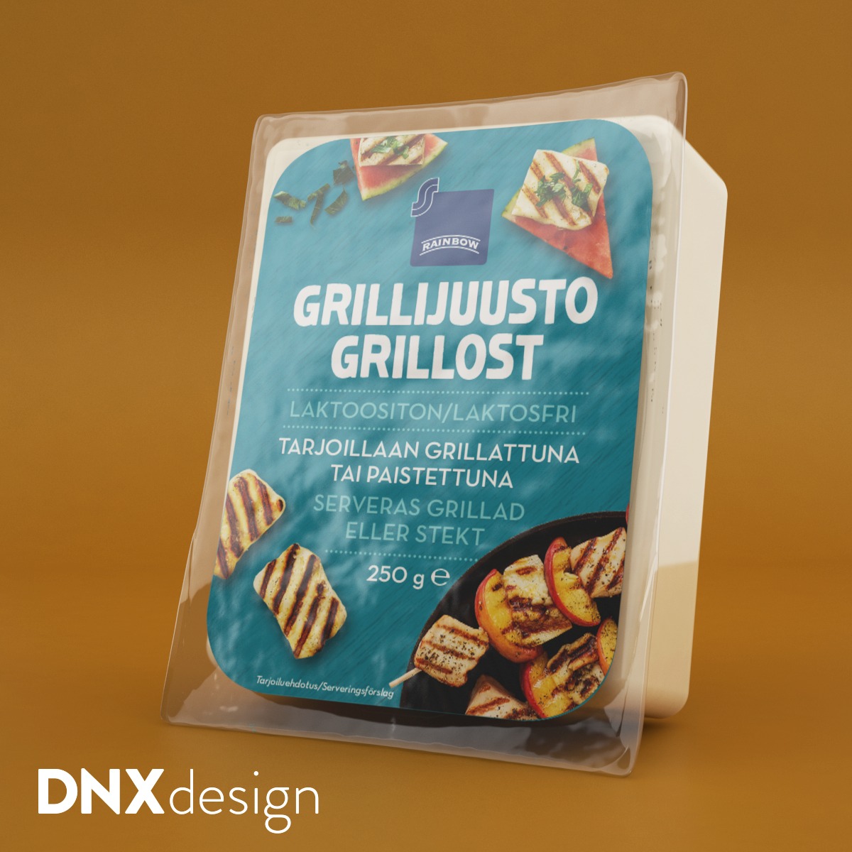 Render opakowania sera halloumi do grillowania marki Rainbow z widocznymi elementami graficznymi i zdjęciami grillowanych propozycji podania, na jednolitym brązowym tle, z logo DNXdesign w lewym...