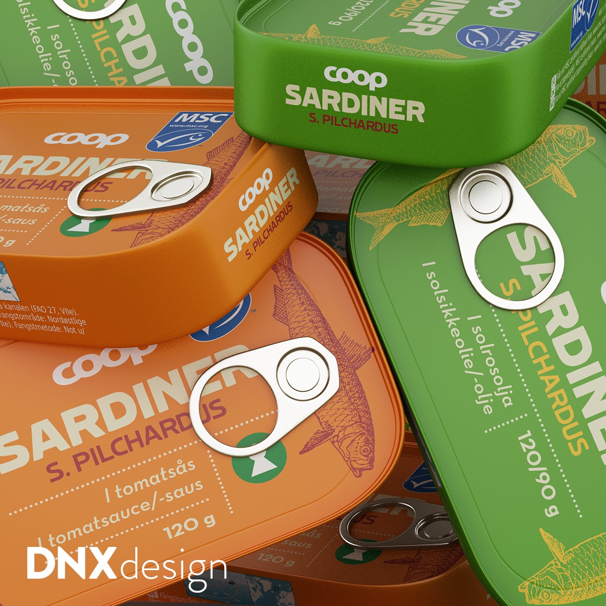 Projekt opakowań sardynek Coop w pomarańczowych i zielonych puszkach z ilustracjami ryb, prezentacja DNXdesign.