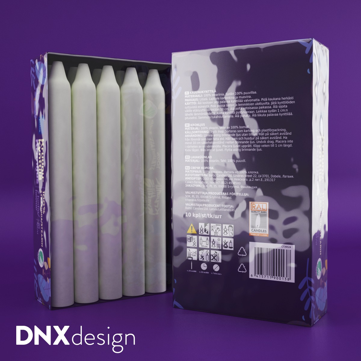 Opakowanie z sześcioma białymi świecami stożkowymi w pudełku z fioletowo-białym wzorem kwiatowym, widoczne informacje o produkcie i logo DNXdesign.