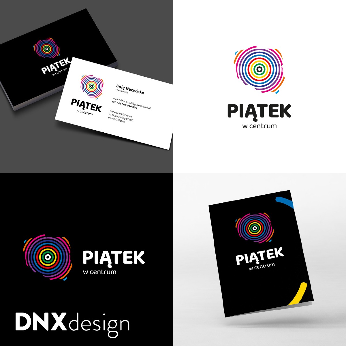 Wizualizacja identyfikacji marki Piątek w centrum, prezentująca logo z kolorowymi okręgami, wizytówkę z danymi kontaktowymi oraz materiały firmowe na czarnym i białym tle.