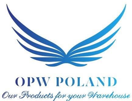 Logo firmy OPW Poland z motywem stylizowanych, błękitnych skrzydeł i hasłem 'Our Products for your Warehouse'.