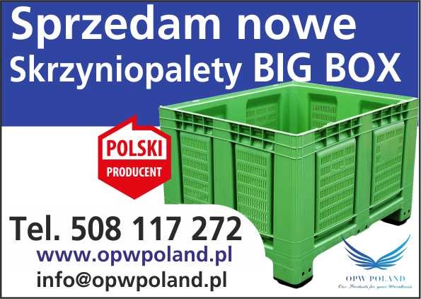 Grafika reklamowa przedstawiająca zielony skrzyniopalet BIG BOX z widocznym logo producenta OPW Poland i danymi kontaktowymi.
