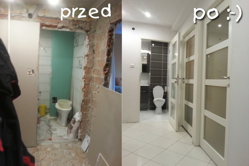 Porównanie stanu łazienki przed i po: surowa ściana z cegły i zielona płyta gipsowa kontra nowoczesna łazienka z szarymi płytkami, białymi drzwiami i armaturą.
