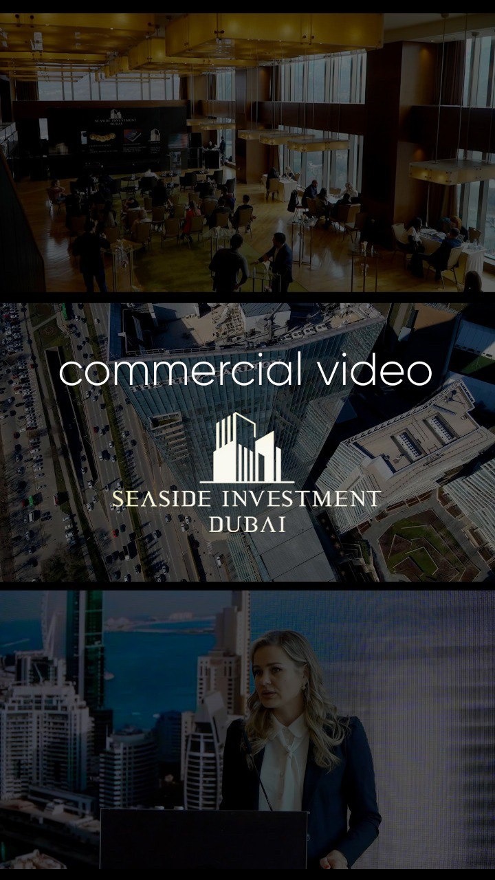 Kompozycja trzech ujęć: sala konferencyjna z uczestnikami, logo Seaside Investment Dubai na tle panoramy miasta z lotu ptaka oraz kobieta w marynarce przemawiająca na tle grafiki miejskiej.
