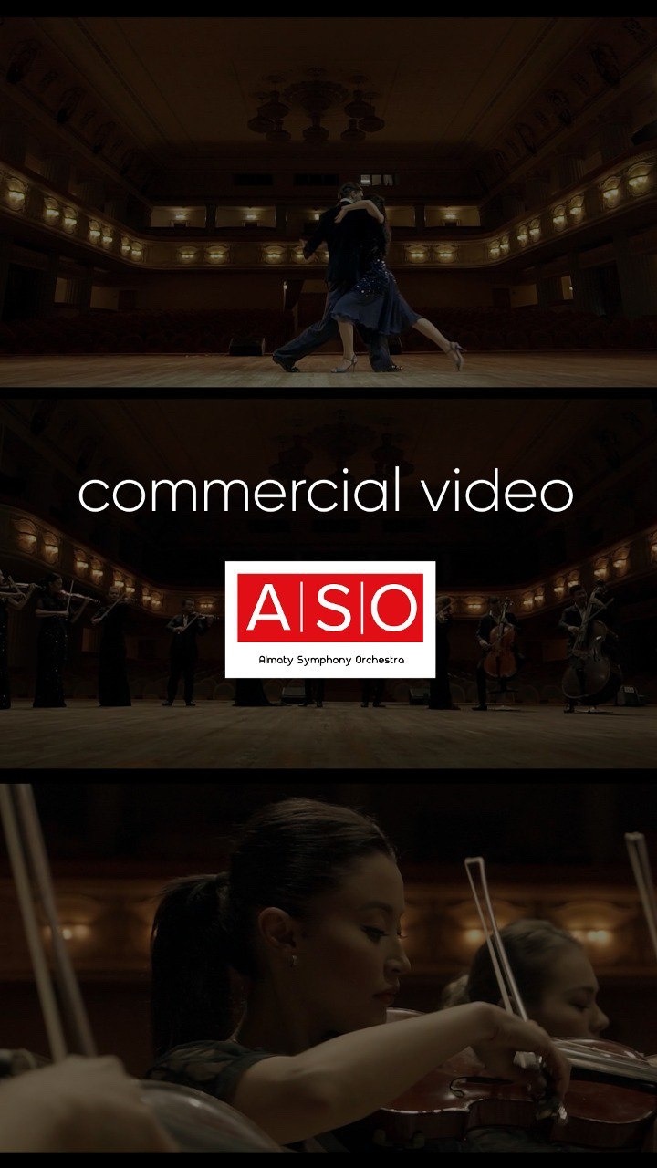 Kadry z komercyjnego filmu: para tańcząca tango na scenie, orkiestra symfoniczna ASO Almaty podczas występu, zbliżenie na skrzypaczkę.