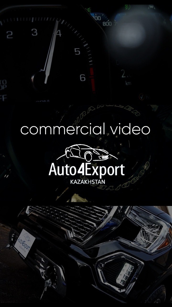 Fragmenty ujęć do filmu reklamowego: zbliżenie na prędkościomierz, oponę i przód samochodu z logo Auto4Export Kazakhstan.