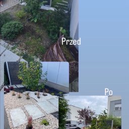 Eko Błysk Nataliia Gosiewska - Aranżacja ogrodu w trzech etapach: przed, w trakcie i po. Widoczne zmiany w roślinności, ułożeniu kamieni i płyt chodnikowych. Estetyczny wygląd po zakończeniu prac.