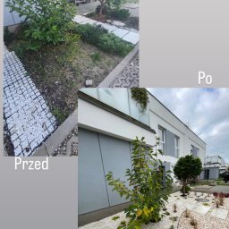 Eko Błysk Nataliia Gosiewska - Zdjęcie 'przed i po' ukazujące metamorfozę ogrodu: zaniedbany teren z chwastami zmienia się w estetyczną przestrzeń z białym żwirem, kamiennymi płytami i nowymi nasadzeniami.