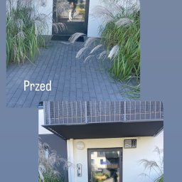 Eko Błysk Nataliia Gosiewska - Zdjęcie 'przed i po' przedstawia wejście do budynku z ozdobną trawą. W części 'przed' trawa jest rozrośnięta, w części 'po' - przycięta i uporządkowana.
