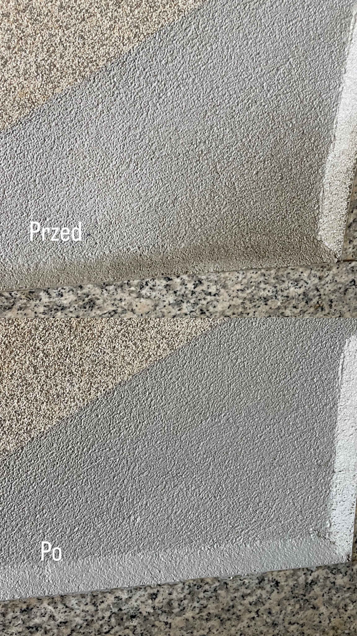 Fragment ściany z efektem baranka, górna część brudna z napisem 'Przed', dolna część czysta z napisem 'Po', widoczny blat z szarego granitu.