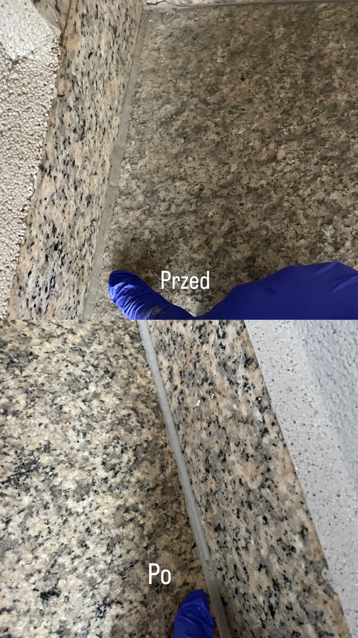 Zdjęcie 'przed i po' czyszczenia silikonowej fugi w rogu pomieszczenia wyłożonego płytkami granitowymi; widoczna niebieska rękawica ochronna.