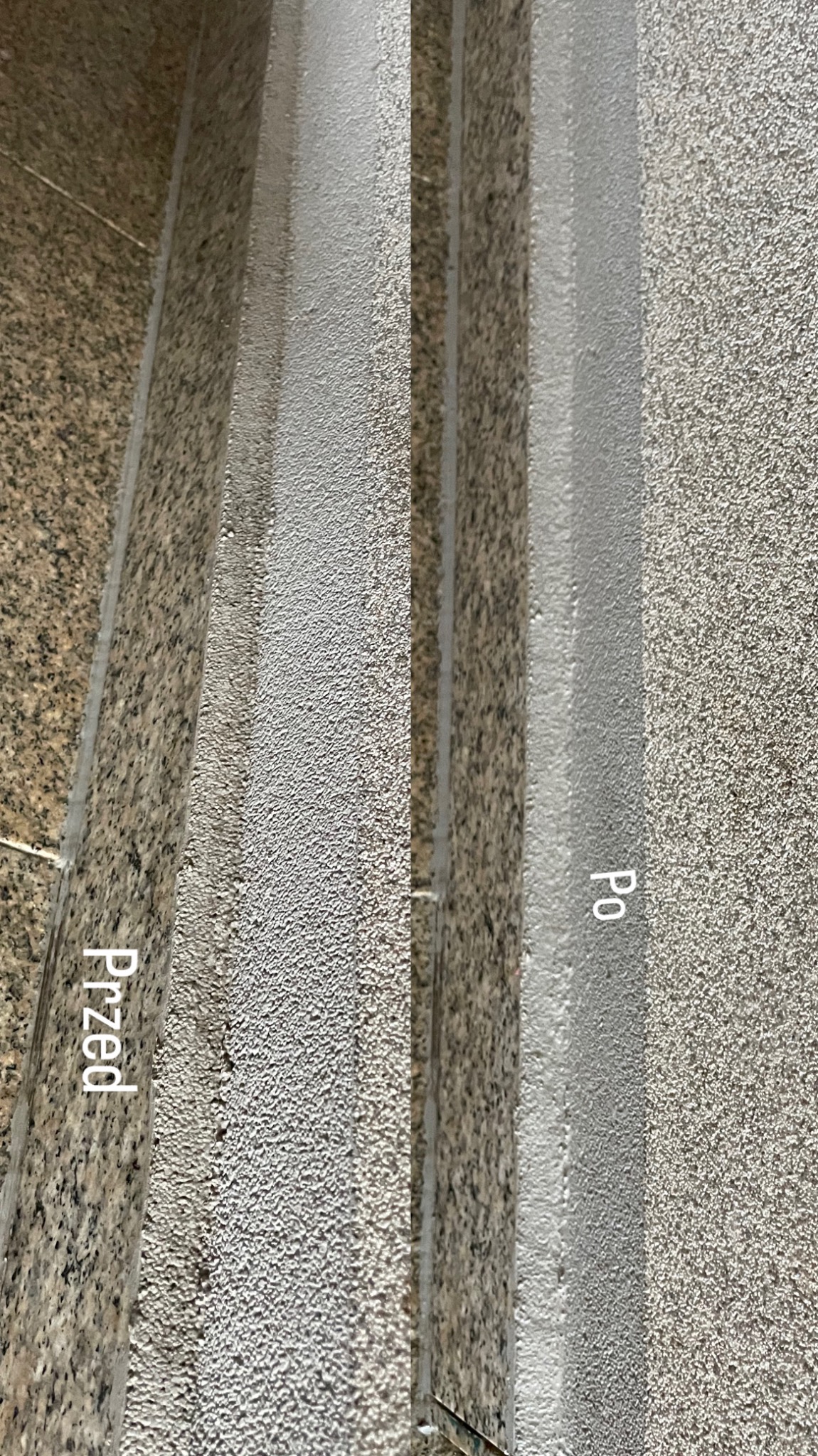 Schody granitowe: widok z góry, lewa strona 'Przed', prawa 'Po' czyszczeniu, ukazujący różnicę w wyglądzie powierzchni.