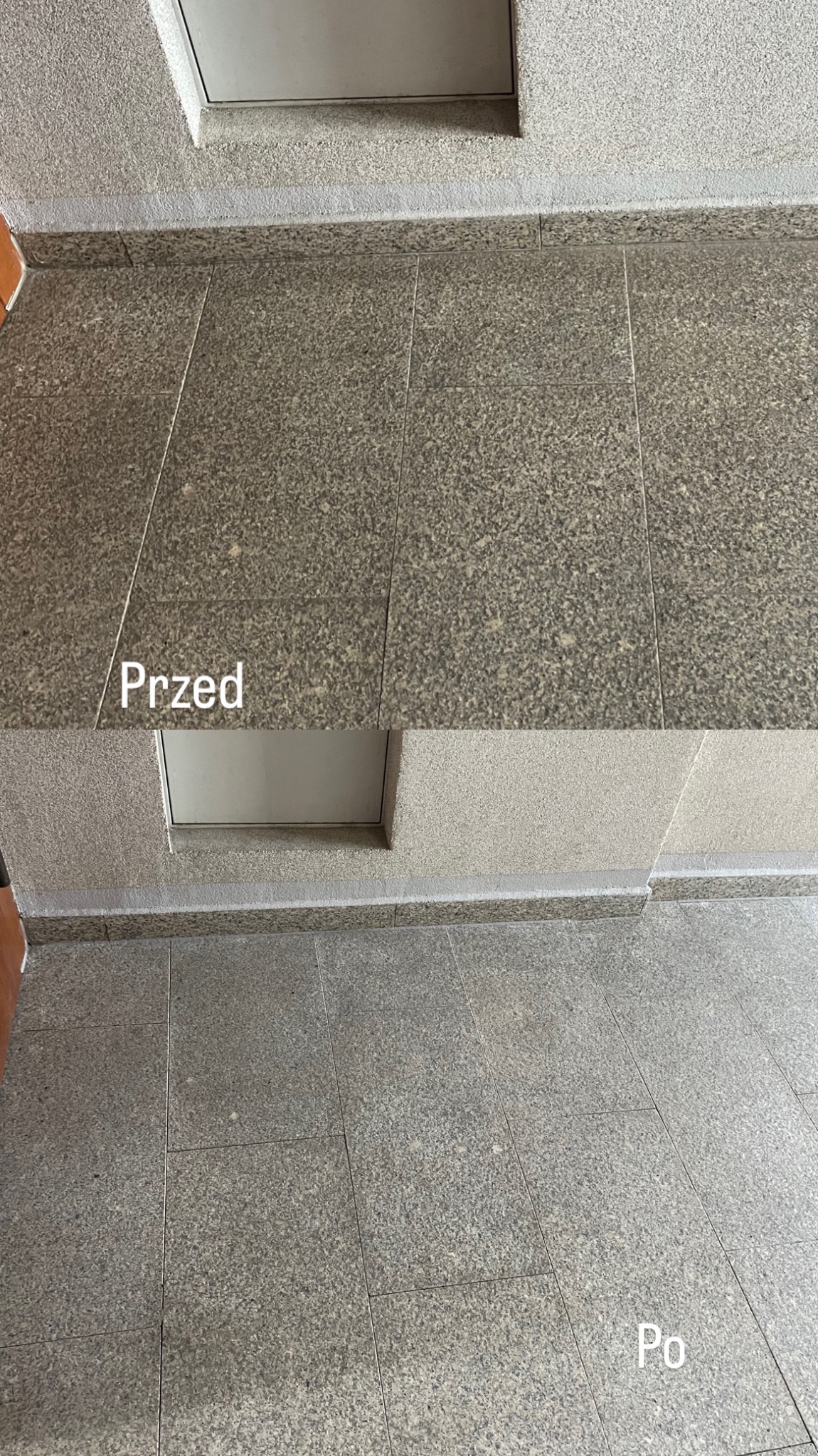 Porównanie stanu podłogi z szarego lastryko przed i po czyszczeniu, widoczne różnice w odcieniu i usunięte zabrudzenia w dolnej części kadru.