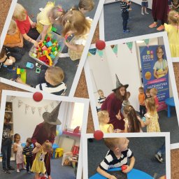 ŁamiGłówka - nauka to zabawa Agnieszka Markowska - Kolaż zdjęć z imprezy dla dzieci: dzieci bawią się klockami, rysują, uczestniczą w zabawach z animatorem ubranym w strój czarownicy.