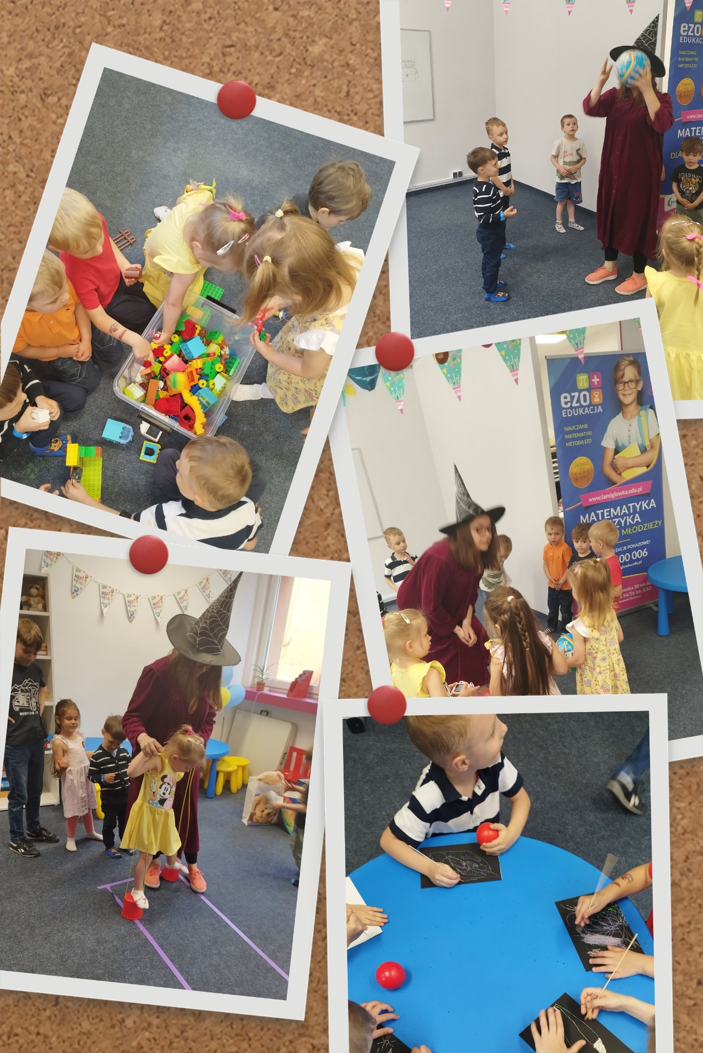 Kolaż zdjęć z imprezy dla dzieci: dzieci bawią się klockami, rysują, uczestniczą w zabawach z animatorem ubranym w strój czarownicy.