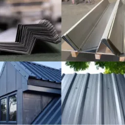 Kompozycja czterech ujęć: detale blachy trapezowej, stos arkuszy, elewacja budynku z blachy i fragment dachu pokrytego blachą w jasnych odcieniach szarości.