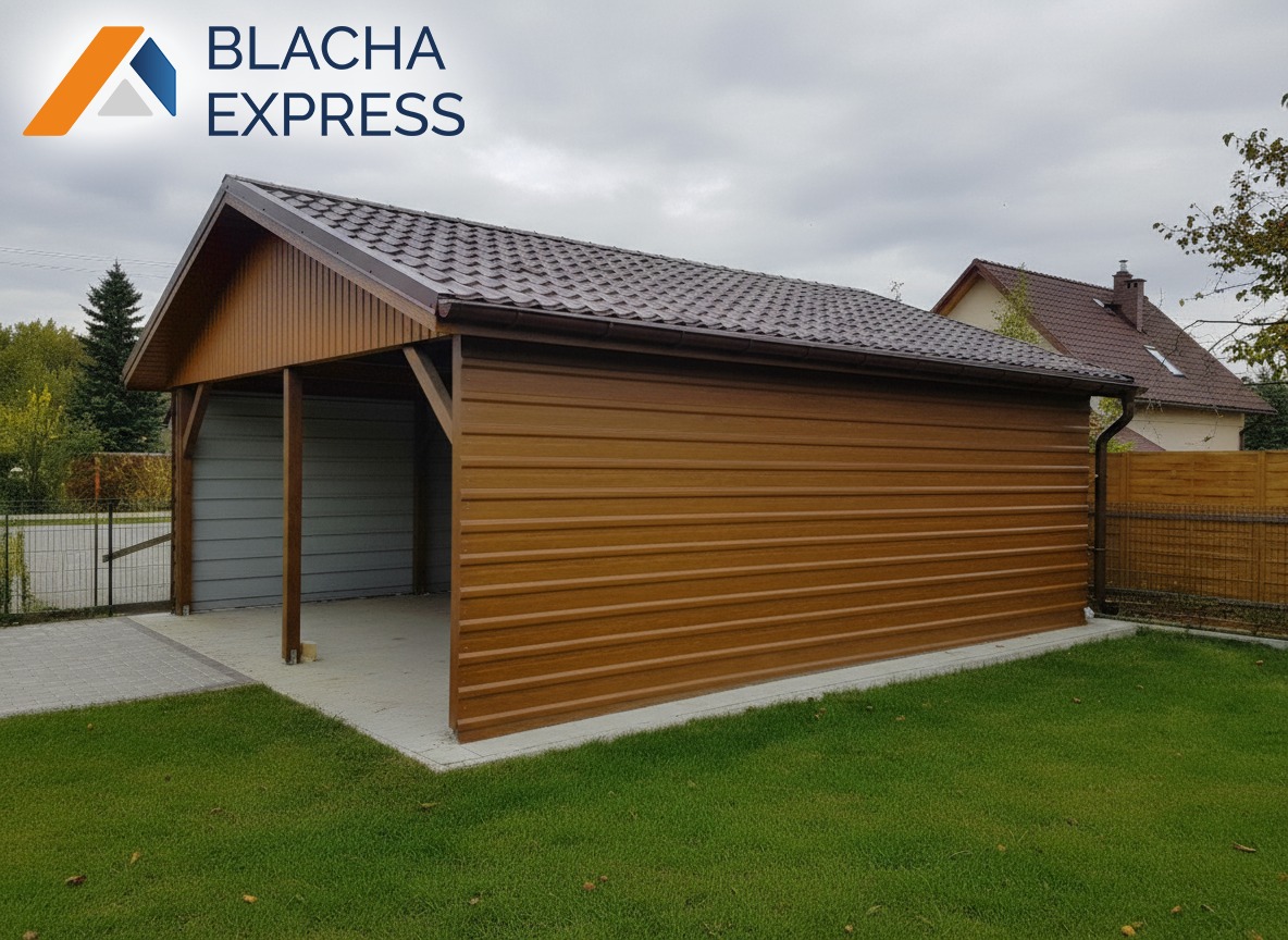 Brązowy garaż blaszany z dachem z blachy trapezowej i rynnami w ogrodzie. Widoczne poziome przetłoczenia blachy. W tle dom z brązową dachówką.