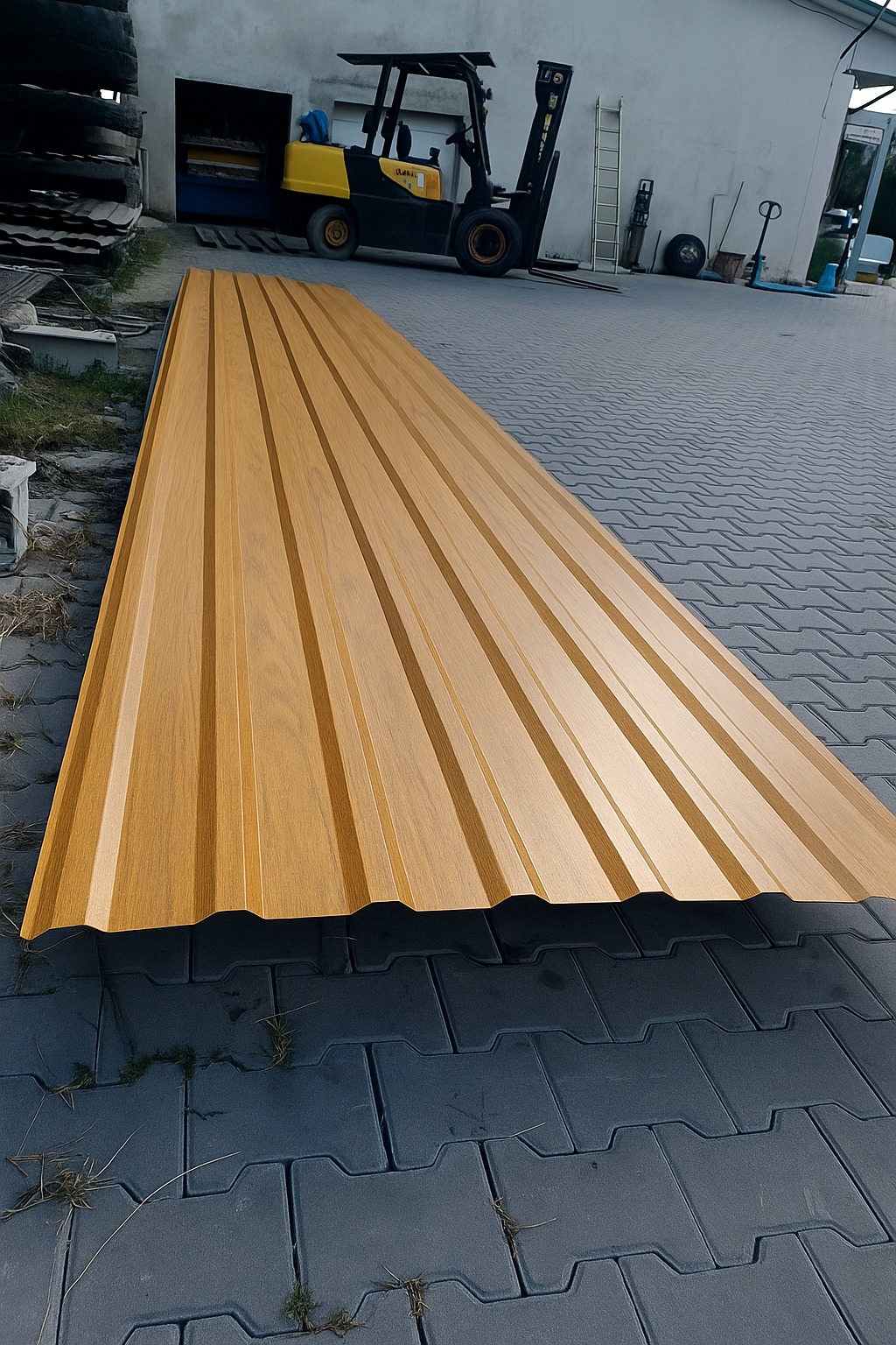 Arkusz blachy trapezowej w kolorze drewna leży na kostce brukowej, w tle wózek widłowy i budynek. Materiał budowlany o unikalnym wykończeniu.