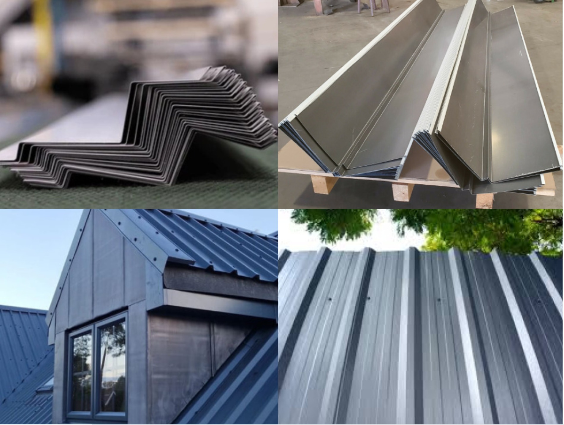 Kompozycja czterech ujęć: detale blachy trapezowej, stos arkuszy, elewacja budynku z blachy i fragment dachu pokrytego blachą w jasnych odcieniach szarości.