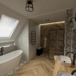 Wizualizacja łazienki na poddaszu z wolnostojącą wanną, oknem dachowym, drewnianą podłogą w jodełkę, kabiną prysznicową w czarnej ramie i umywalkami nablatowymi.