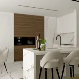 Wizualizacja nowoczesnej kuchni z wyspą, marmurowymi blatami i podłogą, drewnianymi akcentami oraz krzesłami barowymi w kolorze ecru.