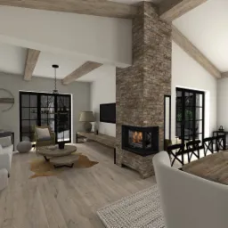Wizualizacja salonu z kominkiem obłożonym kamieniem, drewnianymi belkami stropowymi, dużymi oknami z czarnymi szprosami, drewnianym stołem jadalnianym i białymi krzesłami, oraz elementami...