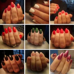 Zestaw zbliżeń dłoni z różnymi stylizacjami paznokci: błyszczące, jednokolorowe, zdobione cyrkoniami, z francuskim manicure, prezentowane na jasnym tle.