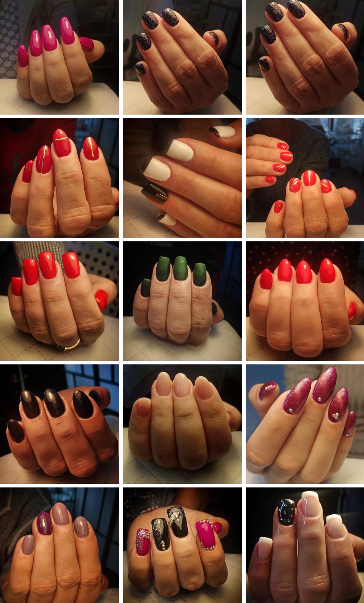 Zestaw zbliżeń dłoni z różnymi stylizacjami paznokci: błyszczące, jednokolorowe, zdobione cyrkoniami, z francuskim manicure, prezentowane na jasnym tle.