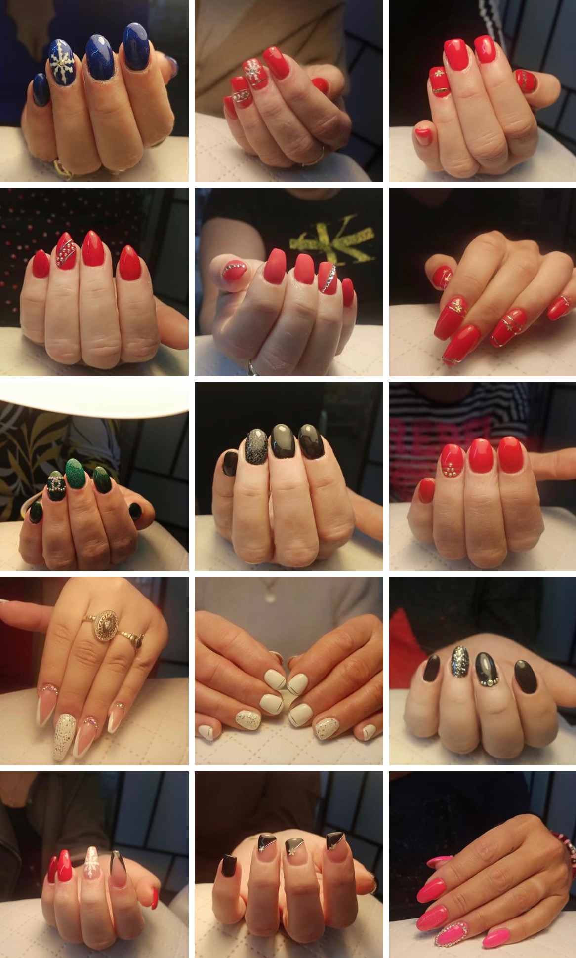 Zestawienie dwunastu ujęć dłoni z różnymi stylizacjami paznokci: czerwone z motywami świątecznymi, granatowe ze śnieżynką, czarne z brokatem i cyrkoniami, białe z delikatnymi wzorami,...