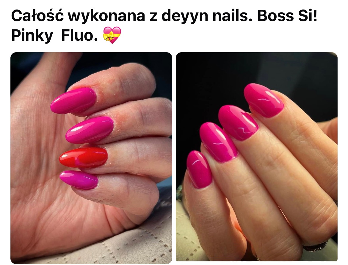 Dwa ujęcia dłoni z owalnymi paznokciami pomalowanymi na intensywny, neonowy róż, z jednym paznokciem w kolorze czerwonym na lewej dłoni.