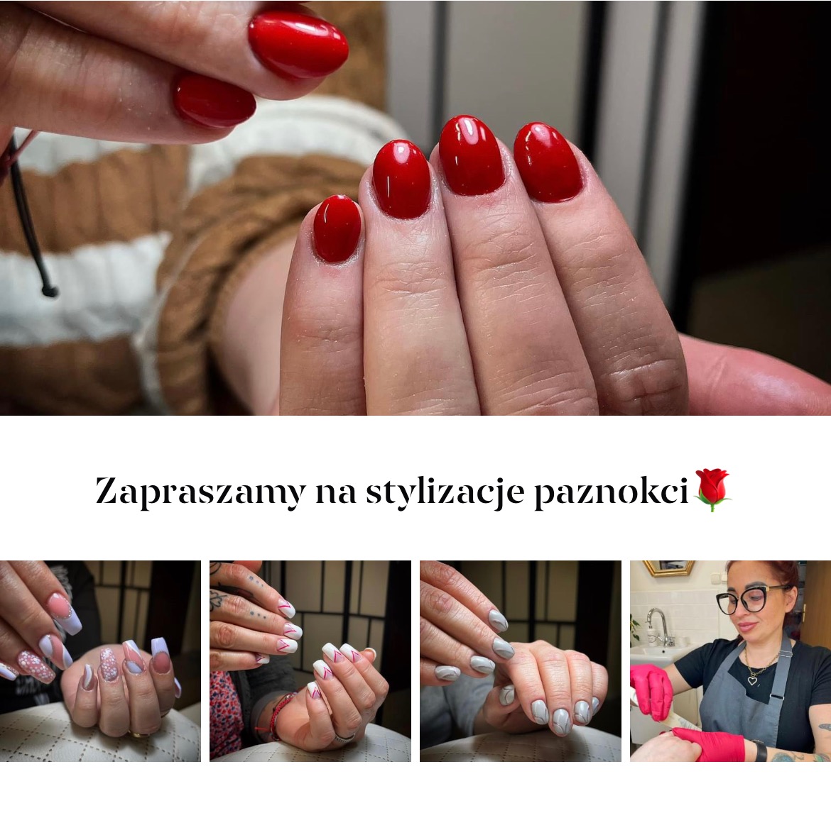 Zbliżenie dłoni z jaskrawoczerwonymi, błyszczącymi paznokciami o owalnym kształcie, widoczne kolejne przykłady stylizacji paznokci oraz kosmetyczka w różowych rękawiczkach.