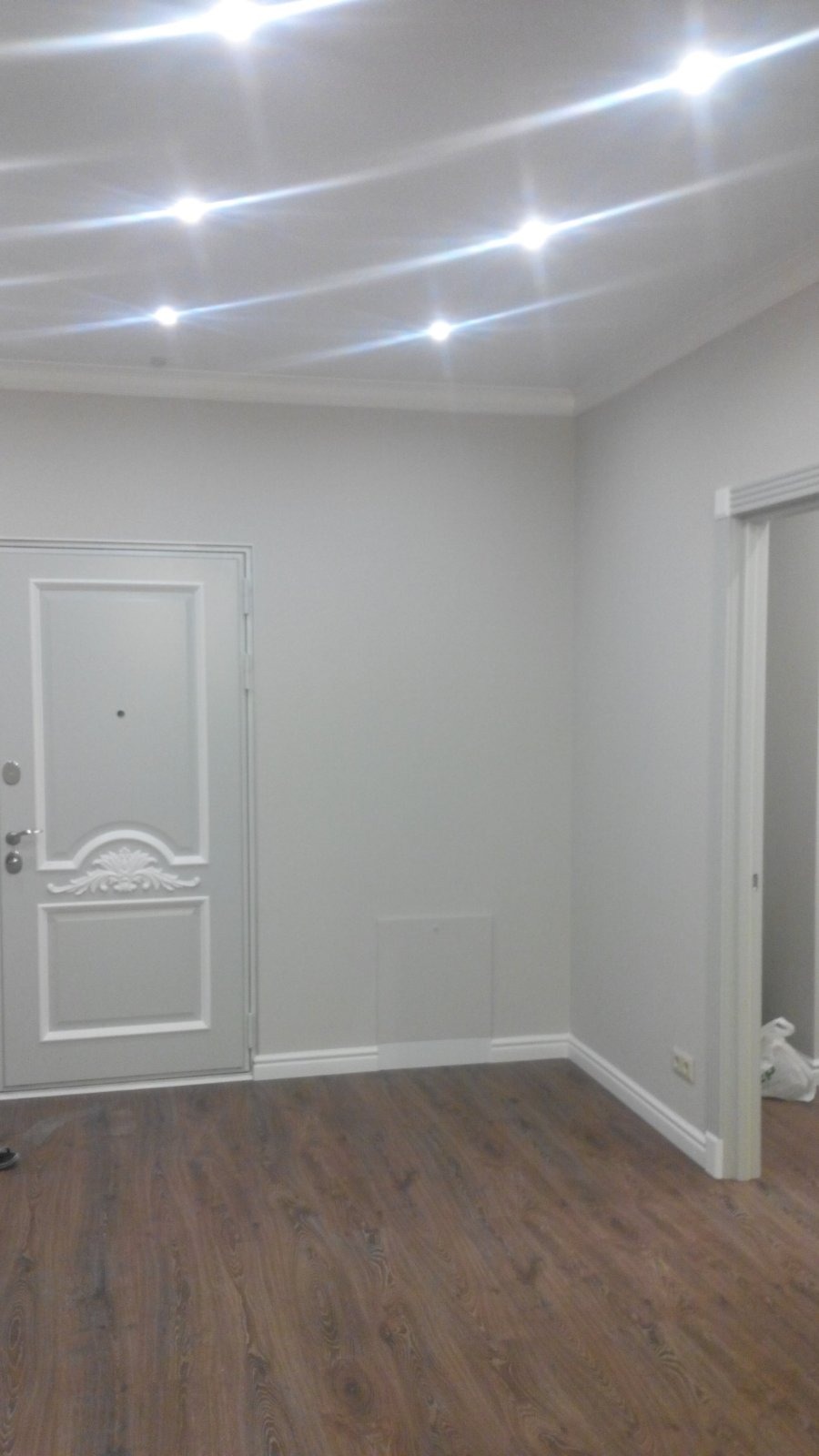 Wnętrze świeżo odnowionego mieszkania z drewnianą podłogą, białą stolarką drzwiową i pomalowanymi na szaro ścianami, oświetlone punktowymi lampami sufitowymi.