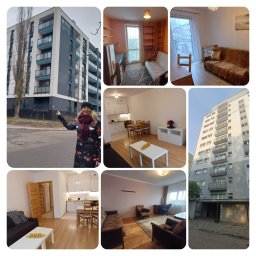 Lokalne Nieruchomości Agnieszka Grzelewska - Kolaż zdjęć: kobieta wskazująca na nowoczesny apartamentowiec z balkonami, wnętrza mieszkań z różnym umeblowaniem, jasne pokoje dzienne i kuchnie.