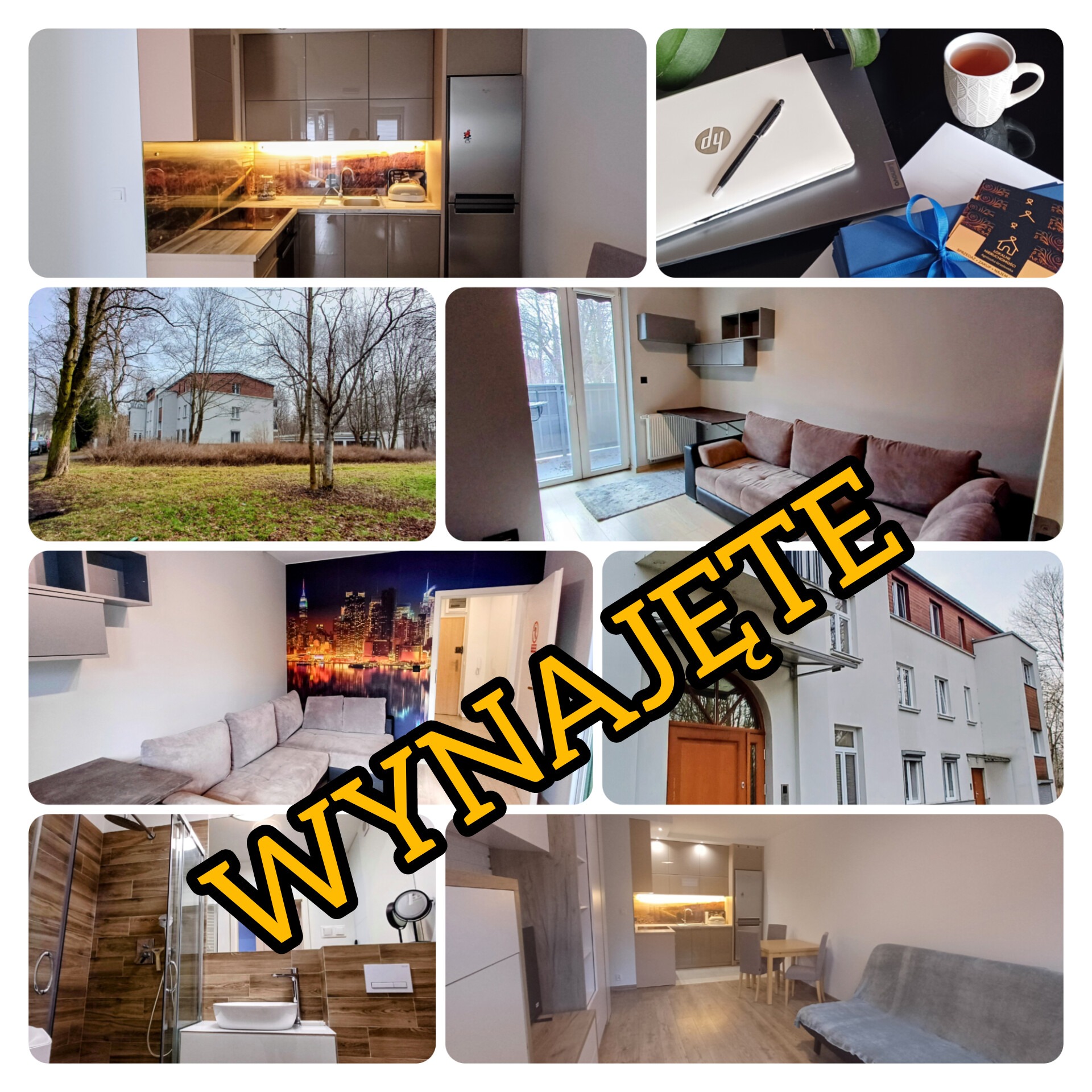 Mozaika zdjęć wnętrz i elewacji budynku z napisem 'Wynajęte', obejmująca kuchnię, łazienkę, salon i widok zewnętrzny.