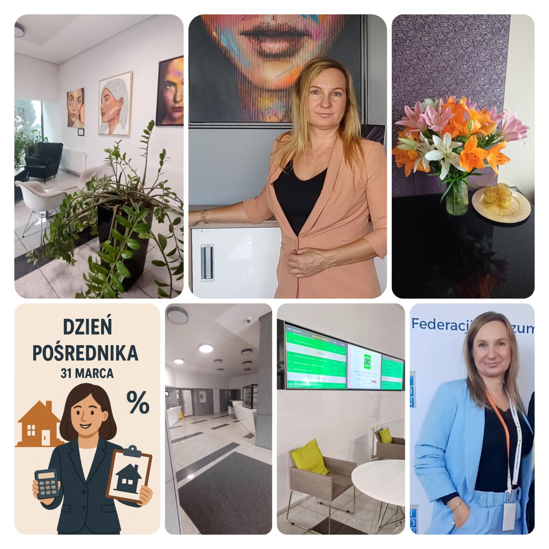 Kolaż zdjęć z wnętrza biura nieruchomości: recepcja, kwiaty, portret pośredniczki i grafika z okazji Dnia Pośrednika, tworzący profesjonalny wizerunek firmy.