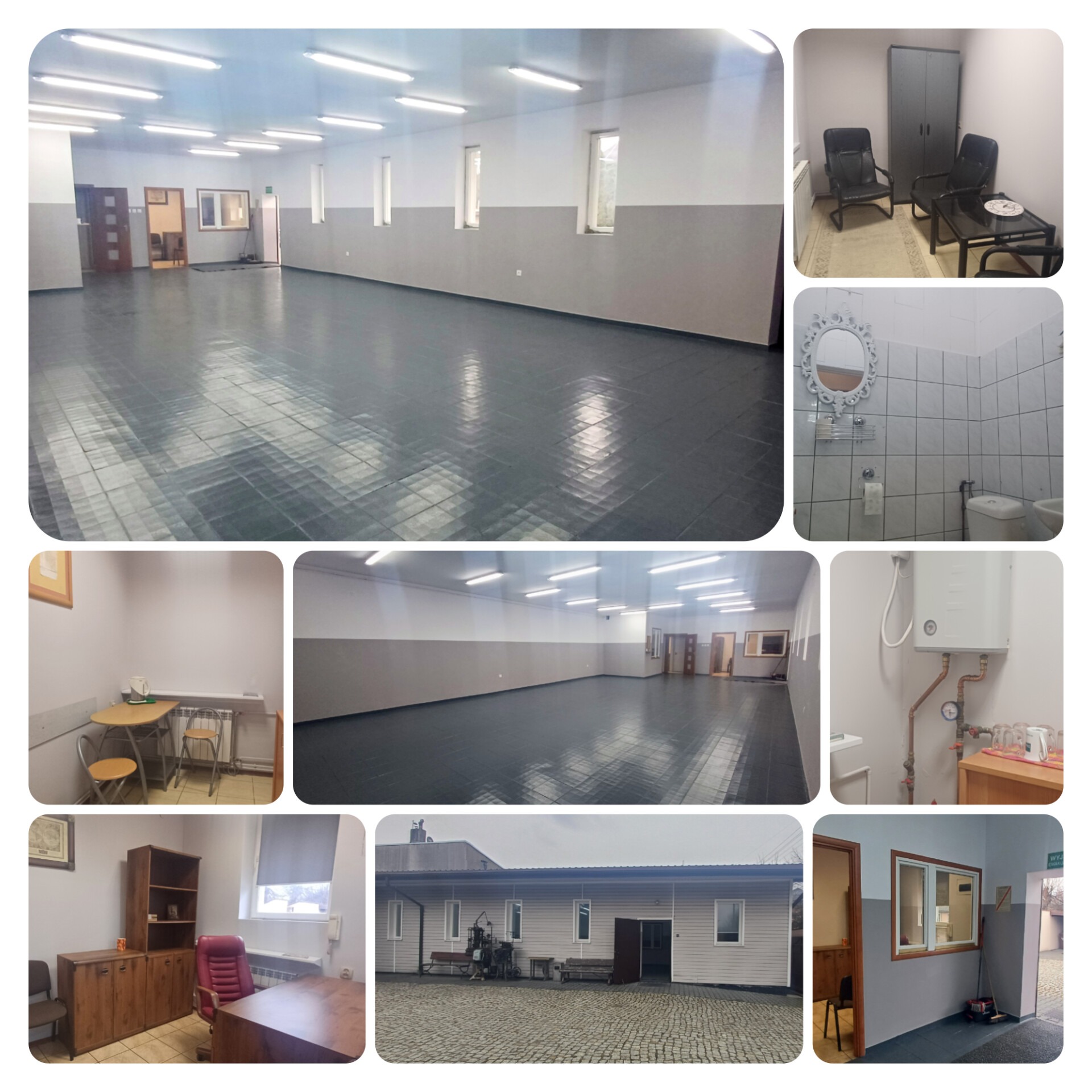 Kolaż wnętrz i elewacji budynku: duża sala z oknami, biuro z meblami, łazienka z lustrem, aneks kuchenny z bojlerem, elewacja z szarej cegły i kostki brukowej.