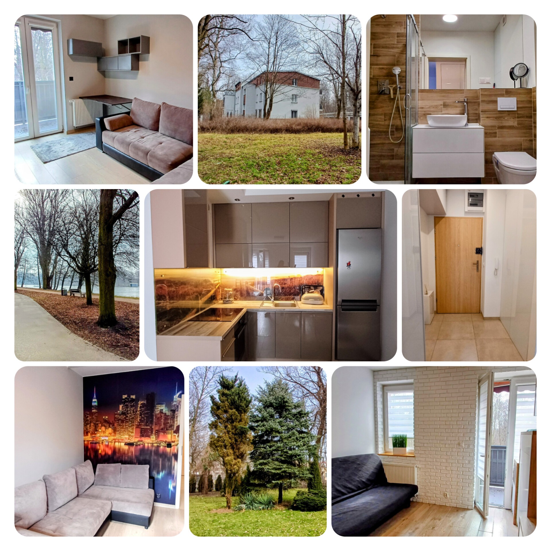 Kolaż zdjęć wnętrz: salon z sofą, kuchnia z zabudową, łazienka z umywalką, korytarz z drzwiami wejściowymi oraz widok na budynek i park z drzewami.