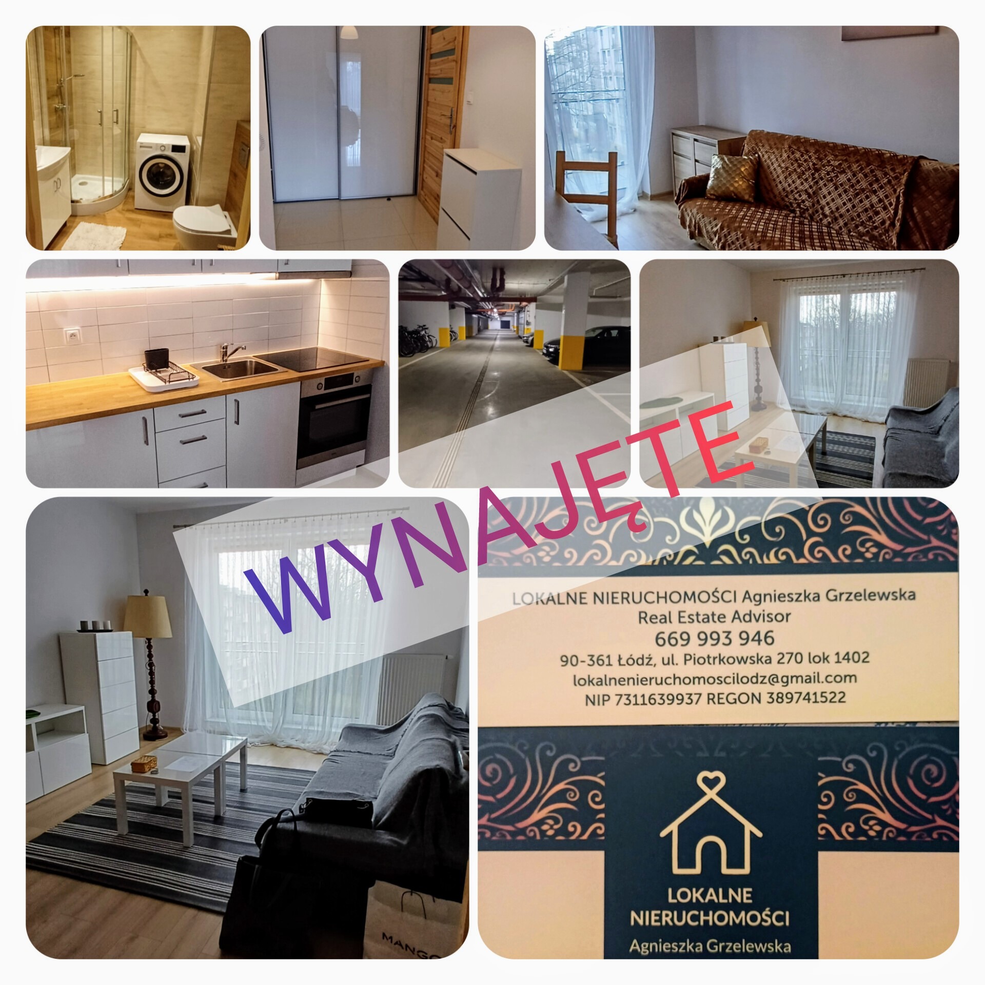 Kolaż wnętrz mieszkania z napisem 'Wynajęte' i wizytówką agenta nieruchomości. Widok łazienki, kuchni, salonu, pokoju i parkingu podziemnego. Dominują jasne barwy.