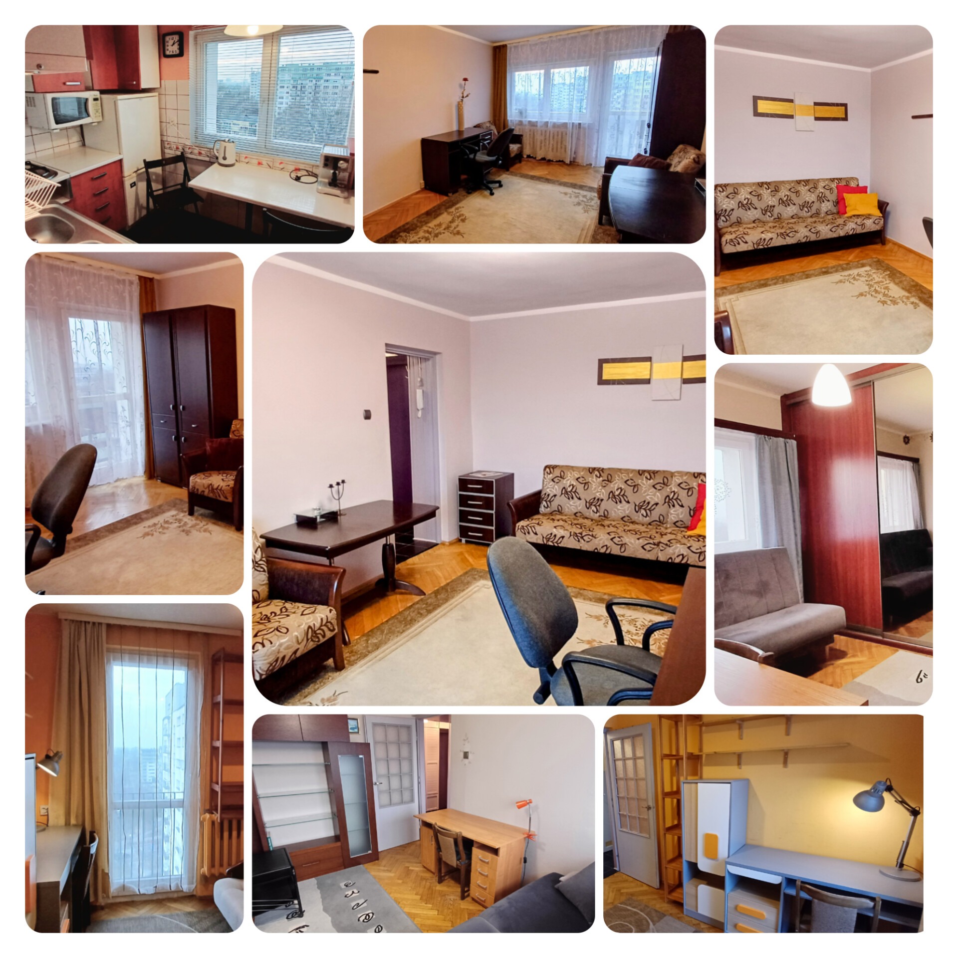 Mozaika zdjęć wnętrz mieszkania: kuchnia z oknem, pokoje z meblami, biurka i krzesła, szafy, sofy, dywany, różne style aranżacji.