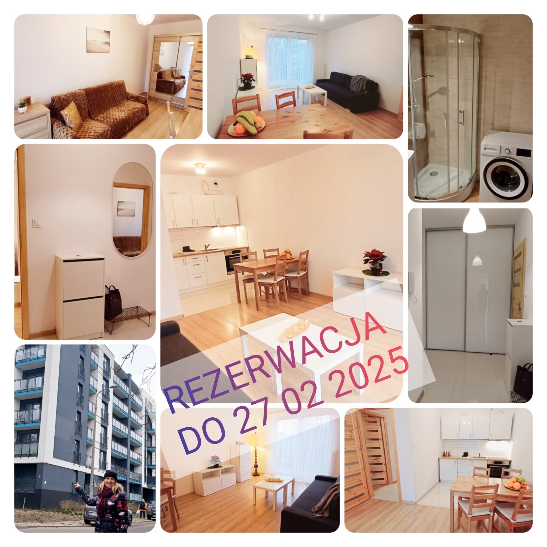 Mozaika zdjęć wnętrz apartamentu z datą rezerwacji do 27.02.2025. Widoczny salon, kuchnia, łazienka z pralką i budynek z kobietą wskazującą na niego.