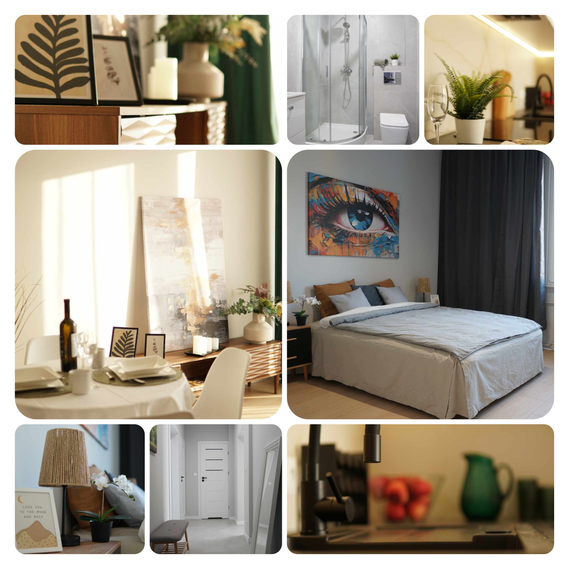 Kolaż wnętrzarskich inspiracji z Łodzi: salon z jadalnią, sypialnia z obrazem, łazienka z kabiną prysznicową, detale wystroju kuchni i przedpokoju.